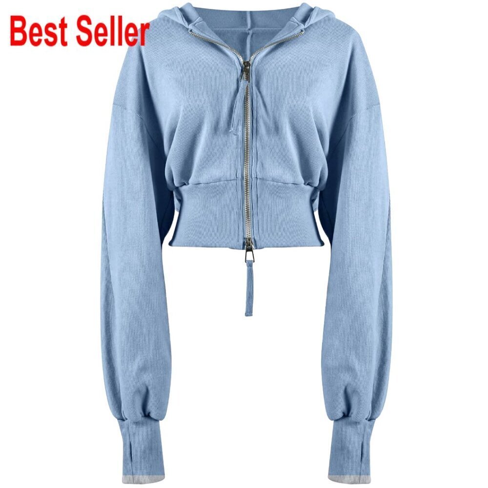 Cropped Zip Hoodie Women's Long Sleeve Workout Sweatshirt Casual Jacket